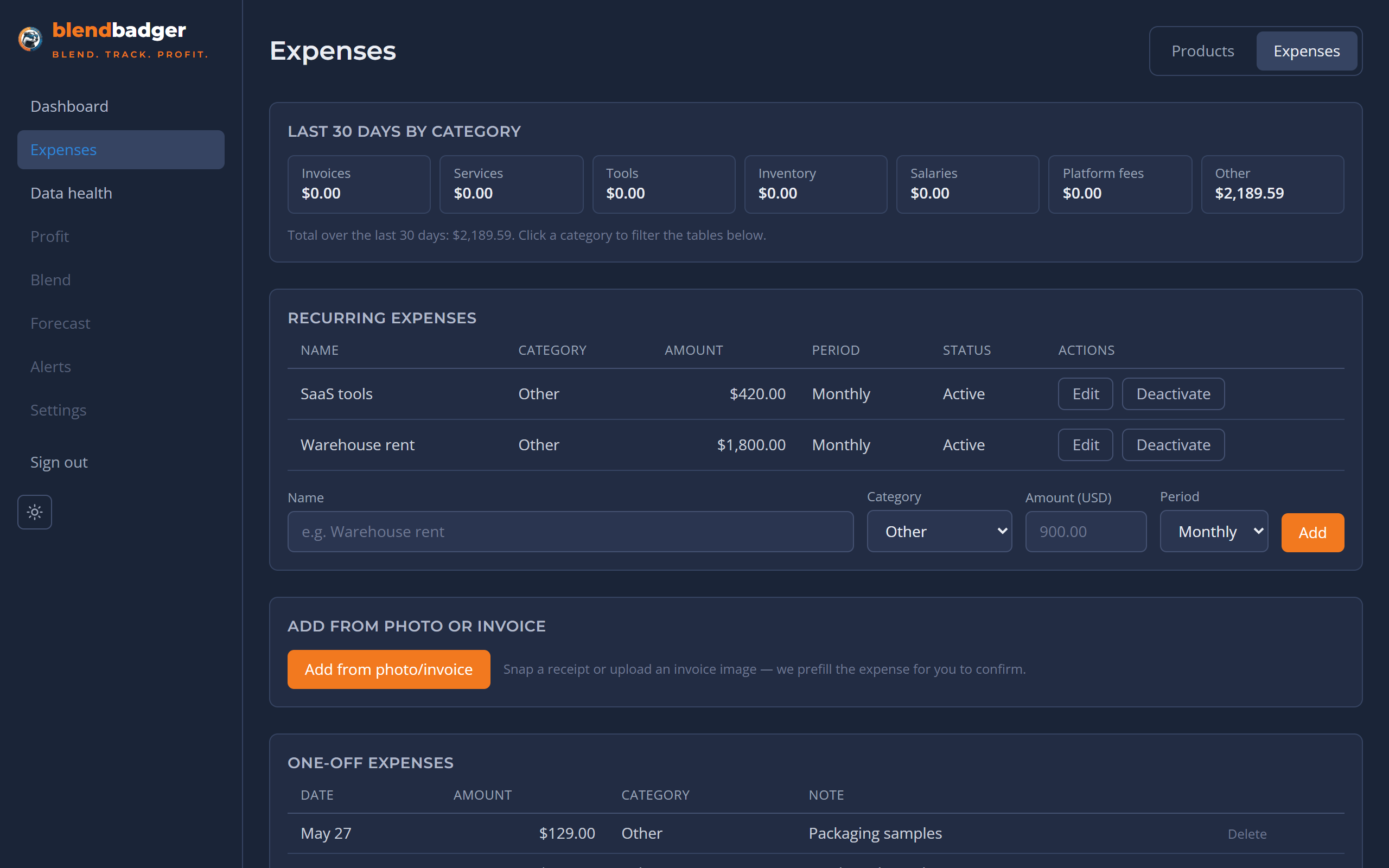 BlendBadger expenses view with recurring rules, one-off costs and category allocation